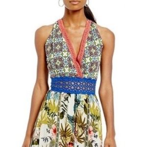 Blue&White and Coral Crochet Floral Halter Dress